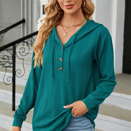 Drawstring Half Button Long Sleeve Hoodie - MimiStylez