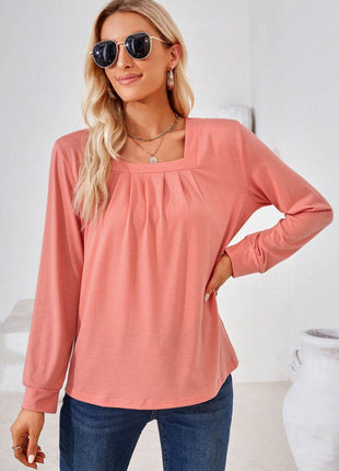 Square Neck Ruched Long Sleeve Blouse - MimiStylez