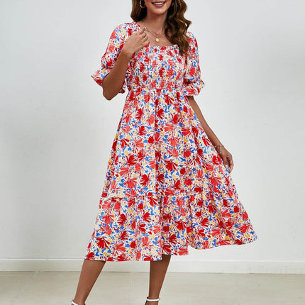 Smocked Floral Square Neck Short Sleeve Dress - MimiStylez