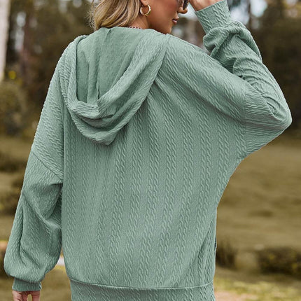 Drawstring Zip Up Dropped Shoulder Hoodie - MimiStylez
