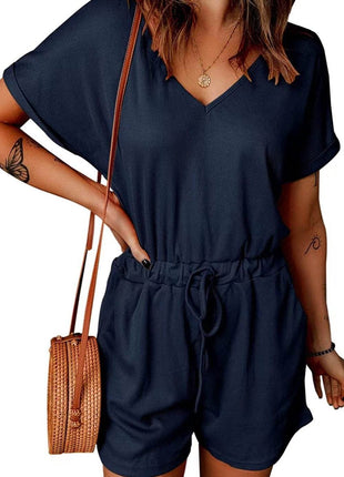 Full Size Drawstring V-Neck Short Sleeve Romper - MimiStylez