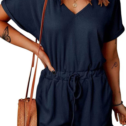 Full Size Drawstring V-Neck Short Sleeve Romper - MimiStylez