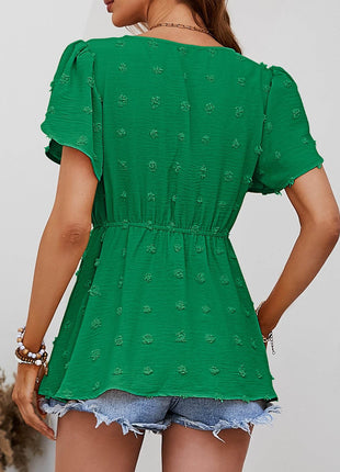 Swiss Dot Buttoned Petal Sleeve Peplum Blouse - MimiStylez