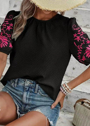 Embroidered Round Neck Short Sleeve Blouse - MimiStylez