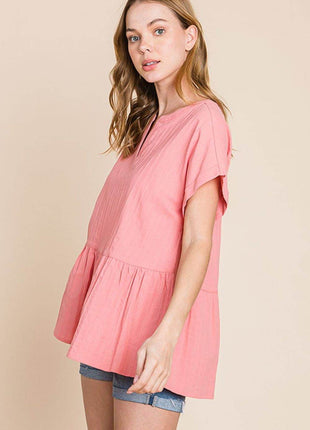 Cotton Bleu by Nu Label Notched Short Sleeve Peplum Top - MimiStylez