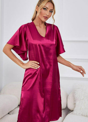 Satin Flutter Sleeve Side Slit V-Neck Night Dress - MimiStylez