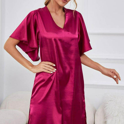 Satin Flutter Sleeve Side Slit V-Neck Night Dress - MimiStylez