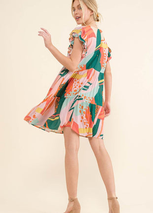 And The Why Printed Double Ruffle Sleeve Dress - MimiStylez