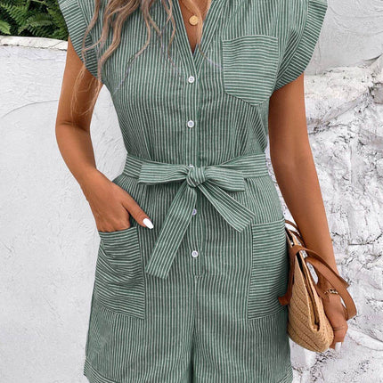 Striped Notched Tie Waist Romper - MimiStylez