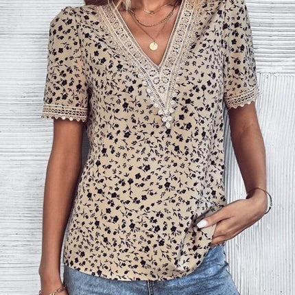 Full Size Printed V-Neck Short Sleeve Blouse - MimiStylez