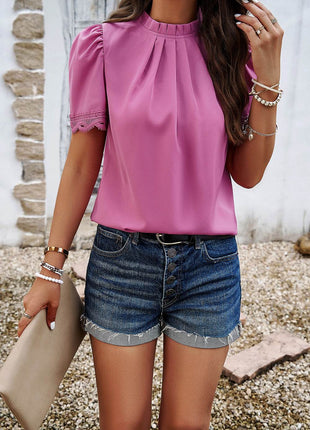 Ruched Mock Neck Short Sleeve Blouse - MimiStylez