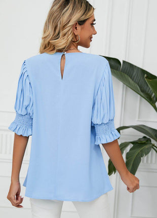 Pleated Flounce Sleeve Keyhole Blouse - MimiStylez