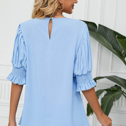 Pleated Flounce Sleeve Keyhole Blouse - MimiStylez
