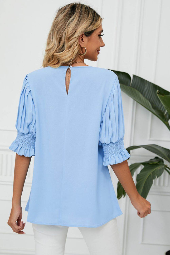 Pleated Flounce Sleeve Keyhole Blouse - MimiStylez