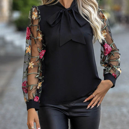 Printed Tie Neck Long Sleeve Blouse - MimiStylez