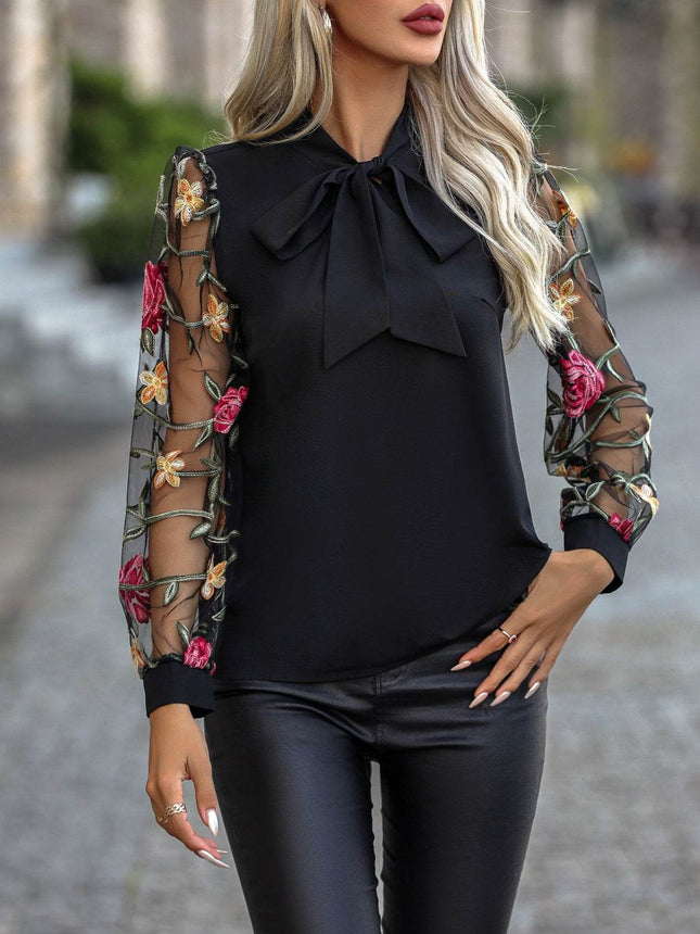 Printed Tie Neck Long Sleeve Blouse - MimiStylez