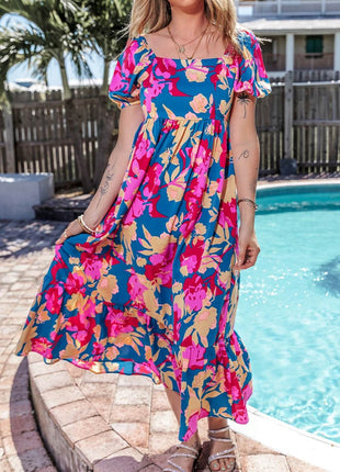 Printed Square Neck Short Sleeve Midi Dress - MimiStylez