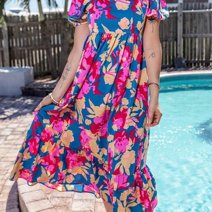 Printed Square Neck Short Sleeve Midi Dress - MimiStylez