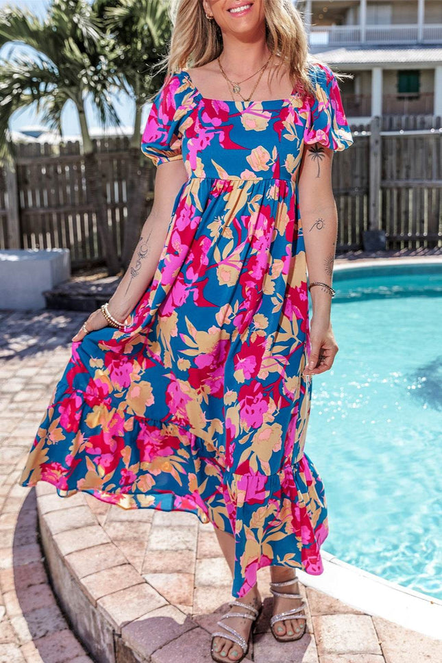 Printed Square Neck Short Sleeve Midi Dress - MimiStylez