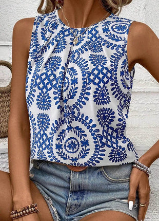 Printed Crew Neck Sleeveless Top - MimiStylez