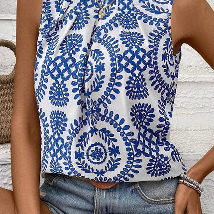Printed Crew Neck Sleeveless Top - MimiStylez