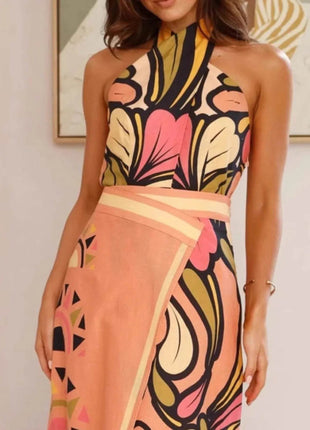 Printed Halter Neck Crop Top and Skirt Set - MimiStylez