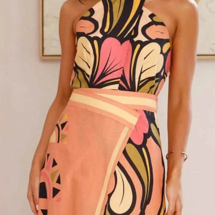 Printed Halter Neck Crop Top and Skirt Set - MimiStylez