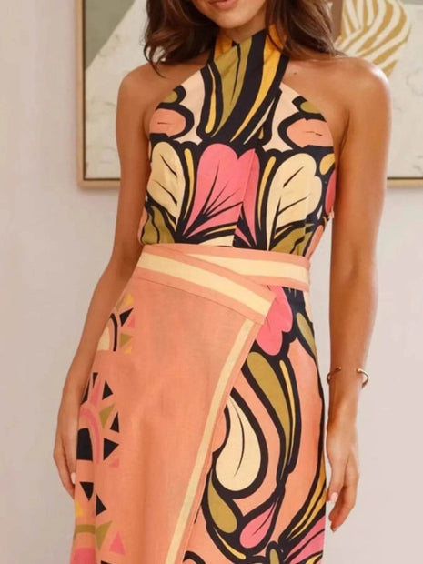 Printed Halter Neck Crop Top and Skirt Set - MimiStylez