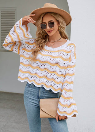 Round Neck Openwork Flare Sleeve Knit Top - MimiStylez