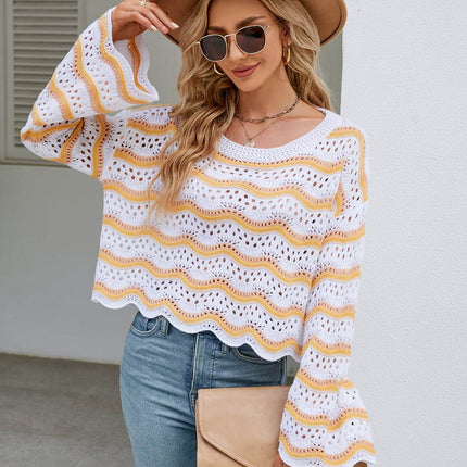 Round Neck Openwork Flare Sleeve Knit Top - MimiStylez