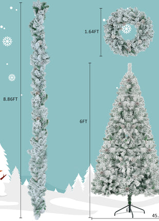 6FT Flocked Pre Lit Christmas Tree - With Tree & Garland & Wreath. - Colored 8 Mode LED Lights and Pine Cones