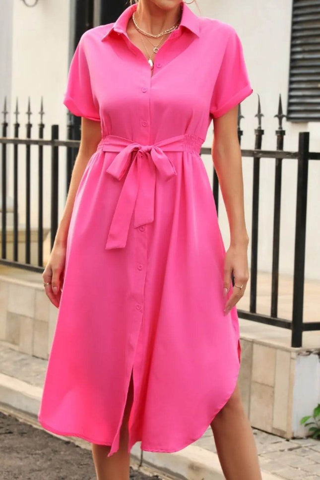 Tied Button Up Shirt Dress - MimiStylez