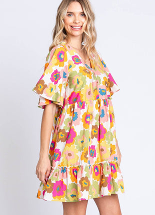 GeeGee Full Size Floral V-Neck Ruffle Trim Mini Dress - MimiStylez