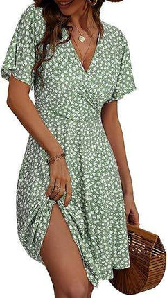 V-neck A Line Mid-length Dress Printing - MimiStylez
