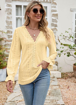 Eyelet Lace Trim Flounce Sleeve Blouse - MimiStylez