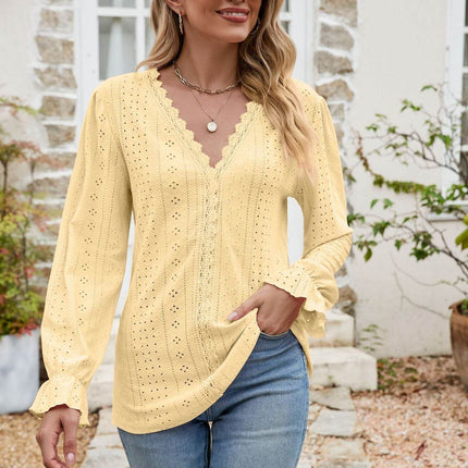 Eyelet Lace Trim Flounce Sleeve Blouse - MimiStylez