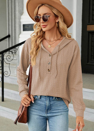 Drawstring Half Button Long Sleeve Hoodie - MimiStylez