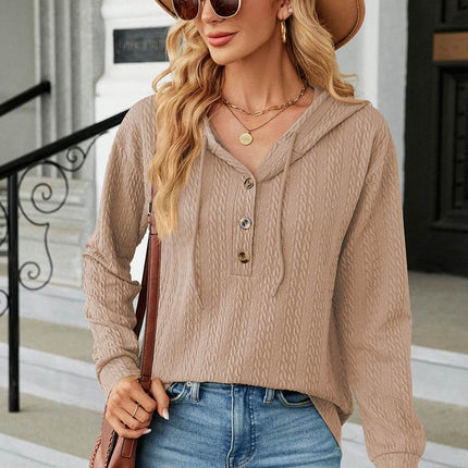Drawstring Half Button Long Sleeve Hoodie - MimiStylez