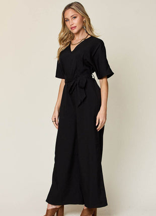 Double Take Full Size V-Neck Tie Front Short Sleeve Slit Jumpsuit - MimiStylez
