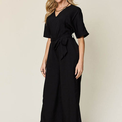 Double Take Full Size V-Neck Tie Front Short Sleeve Slit Jumpsuit - MimiStylez