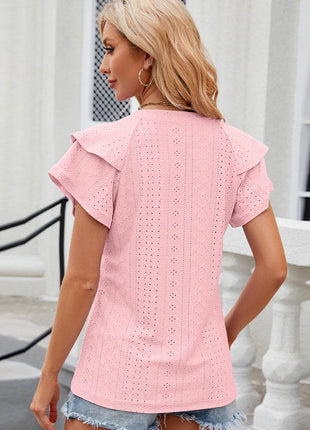 Eyelet Notched Flutter Sleeve T-Shirt - MimiStylez