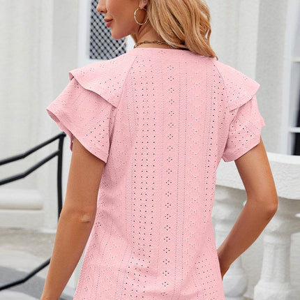 Eyelet Notched Flutter Sleeve T-Shirt - MimiStylez