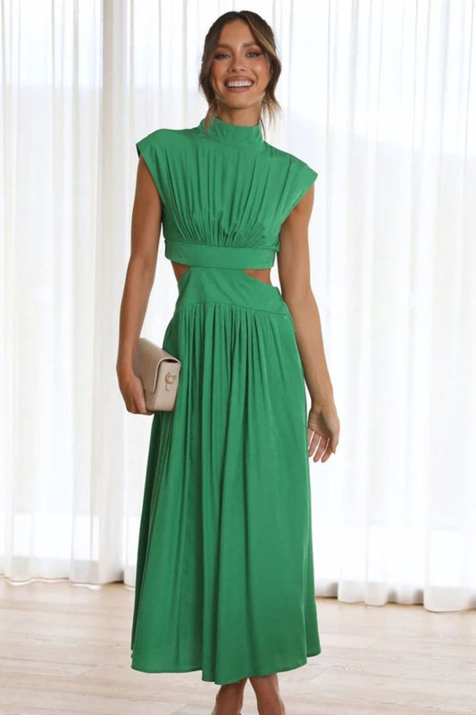 Cutout Mock Neck Sleeveless Ruched Dress