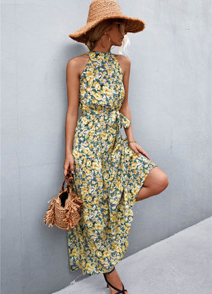 Printed Sleeveless Tie Waist Maxi Dress - MimiStylez