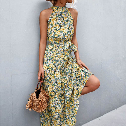 Printed Sleeveless Tie Waist Maxi Dress - MimiStylez