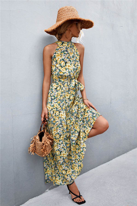 Printed Sleeveless Tie Waist Maxi Dress - MimiStylez