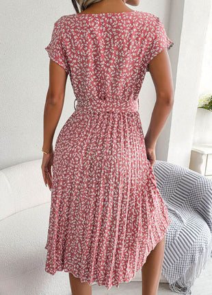 Ditsy Floral Pleated Belted Dress - MimiStylez
