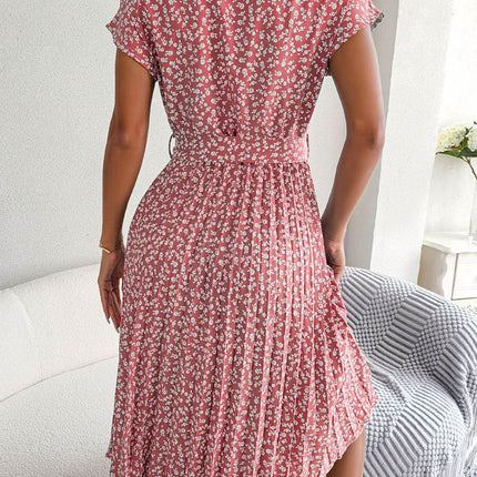 Ditsy Floral Pleated Belted Dress - MimiStylez