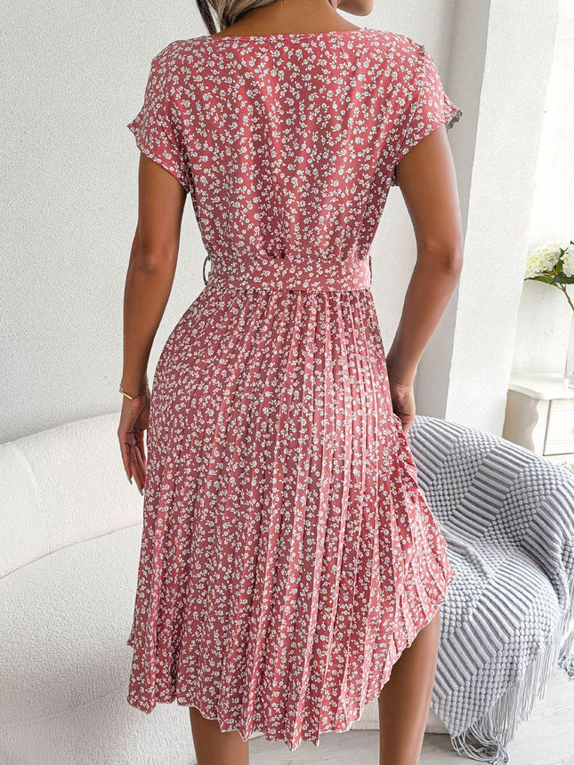 Ditsy Floral Pleated Belted Dress - MimiStylez