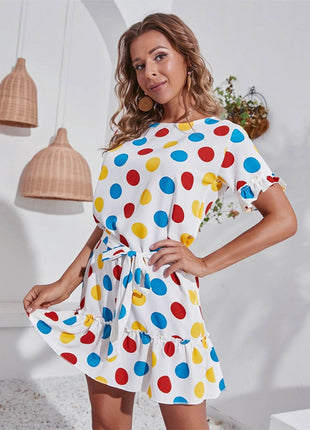 Tied Frill Short Sleeve Mini Dress - MimiStylez